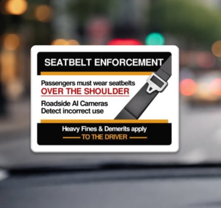 Passenger side seat belt reminder sticker