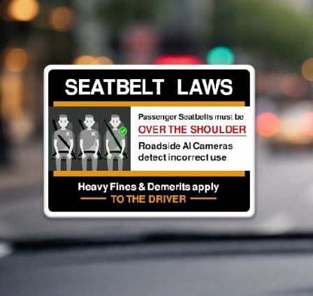 Passenger side seat belt reminder sticker with diagram